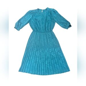 Vintage 80s Alexis Fashions Inc Turquoise Blue Pleated Dress - Sz L